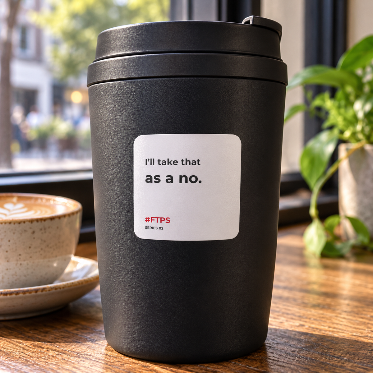 I’ll Take That as a No. Sticker — lifestyle photo in a café setting