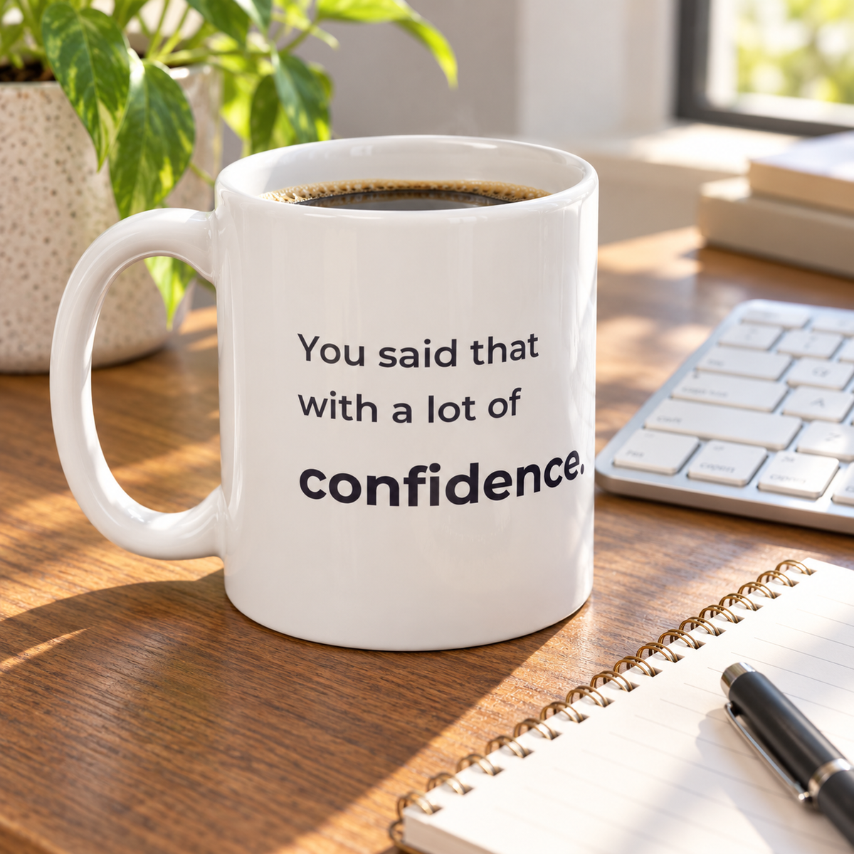 You Said That With a Lot of Confidence. Mug — lifestyle photo in a workplace setting