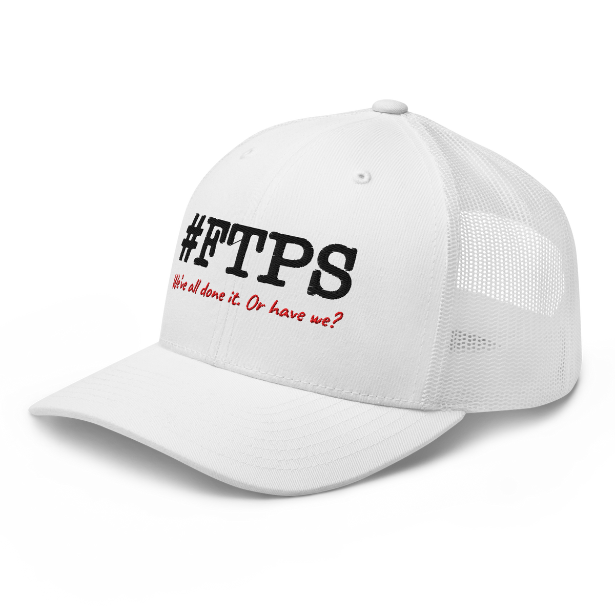 #FTPS Trucker Cap — Left Front, current #FTPS with red Caveat tagline
