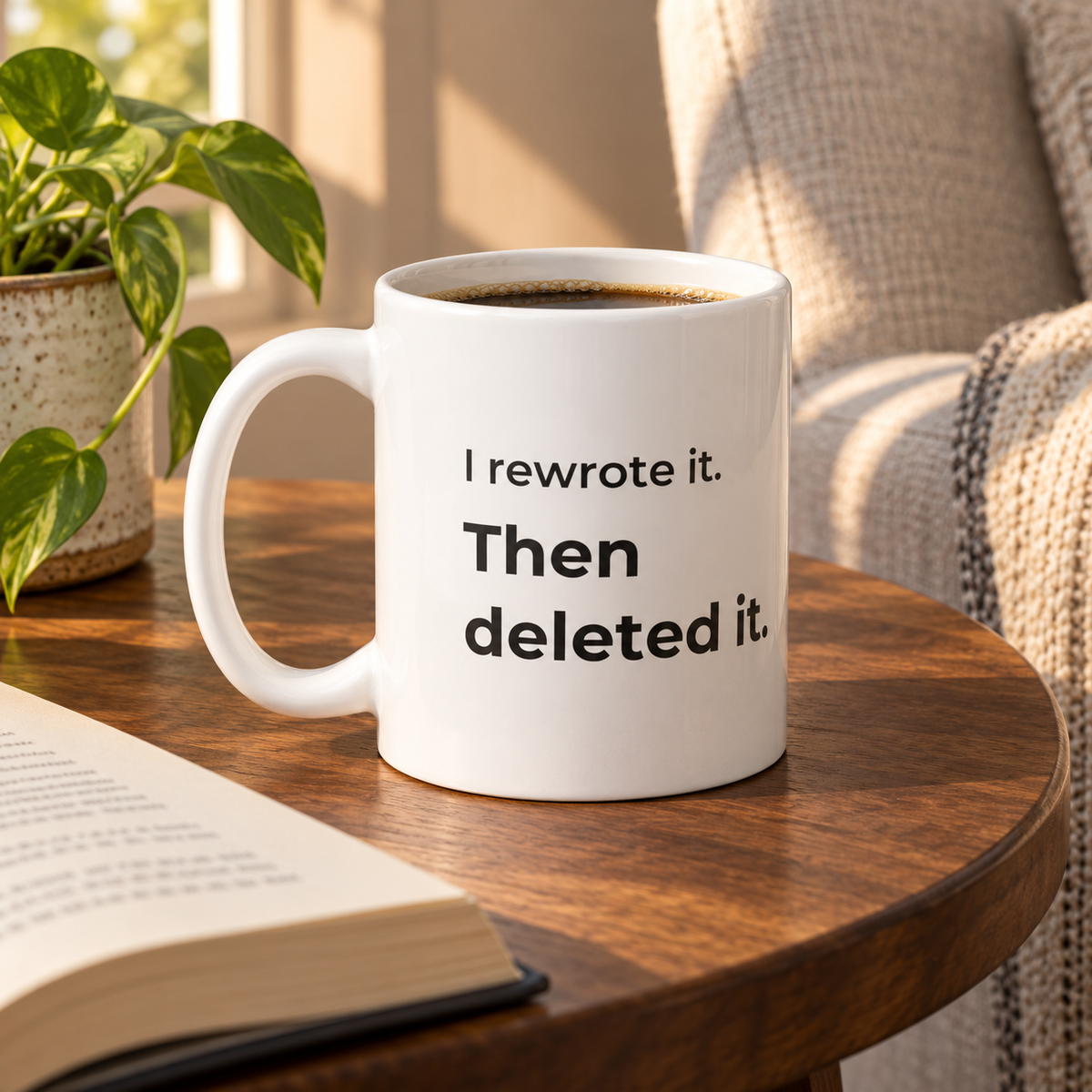 I Rewrote It. Then Deleted It. Mug — lifestyle photo in a home setting