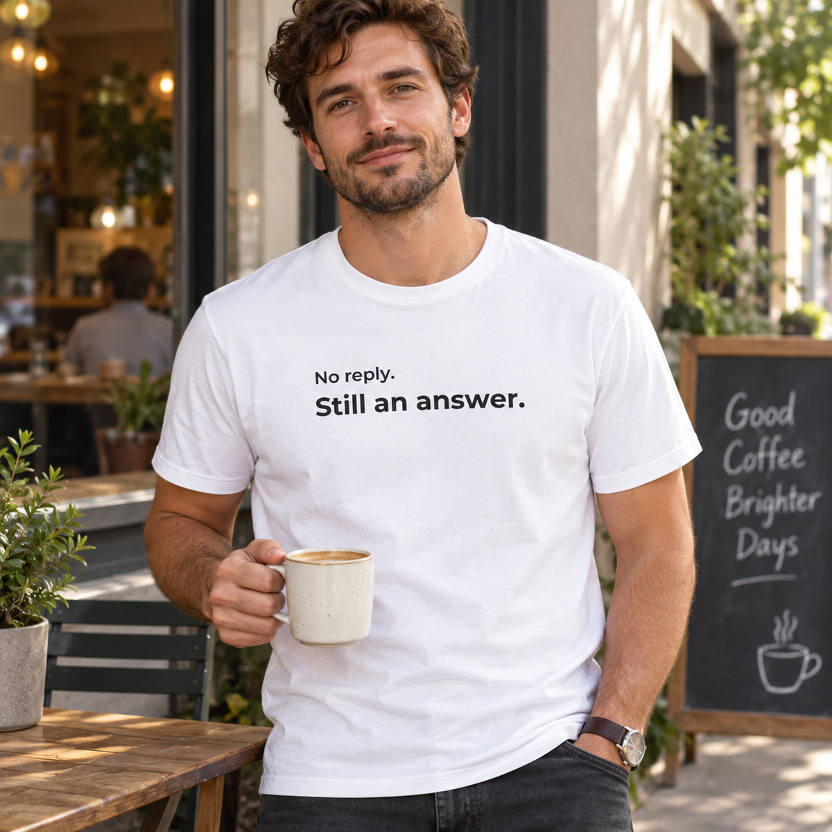 No Reply. Still an Answer. T-Shirt — lifestyle photo in a café setting