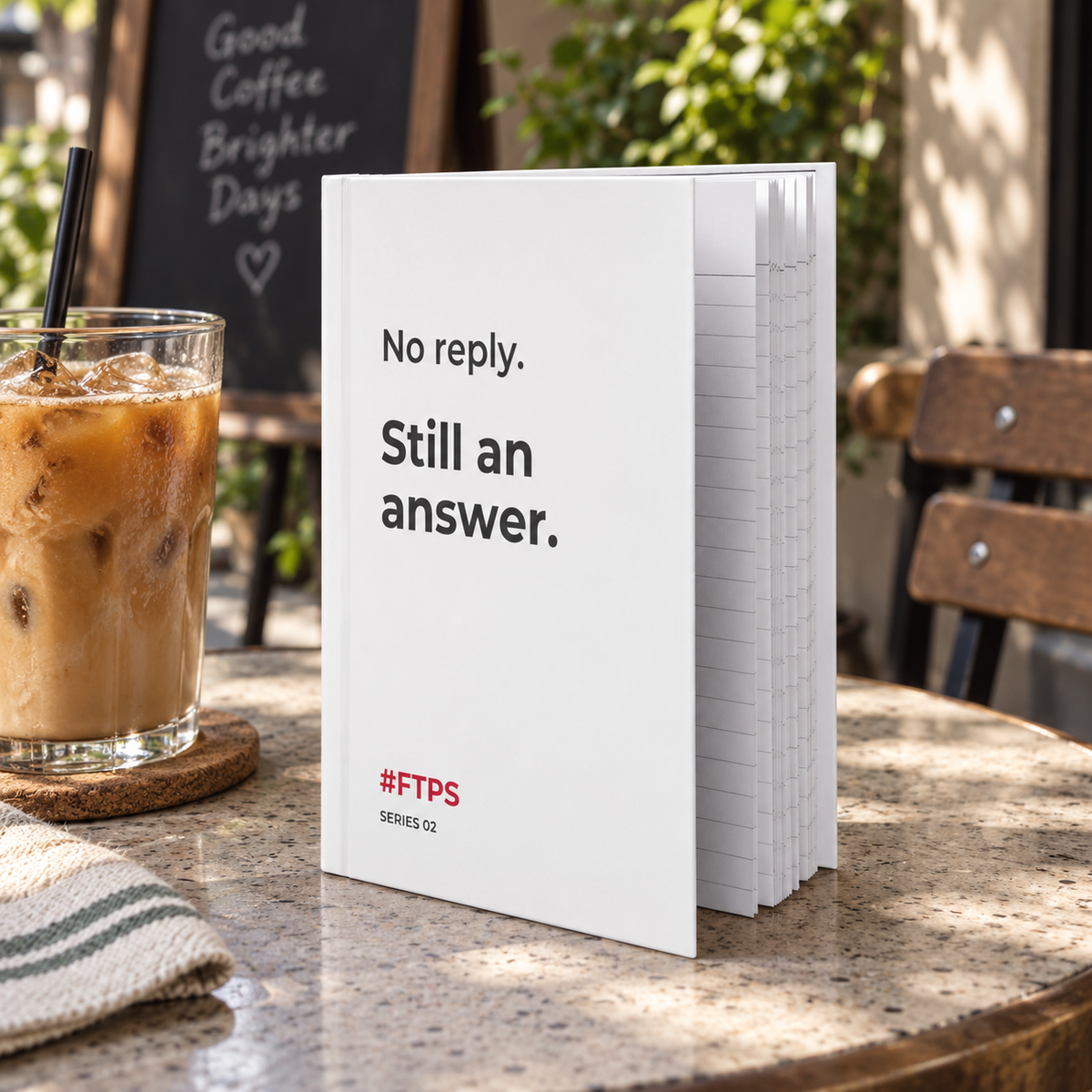 No Reply. Still an Answer. Notebook — lifestyle photo in a café setting