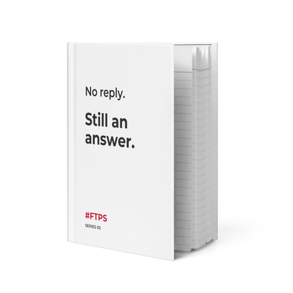 No Reply. Still an Answer. Notebook — standing slightly open, front cover and lined pages