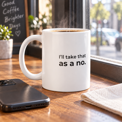 I’ll Take That as a No. Jumbo Mug — square café-window lifestyle photo of the 20 oz ORCA mug