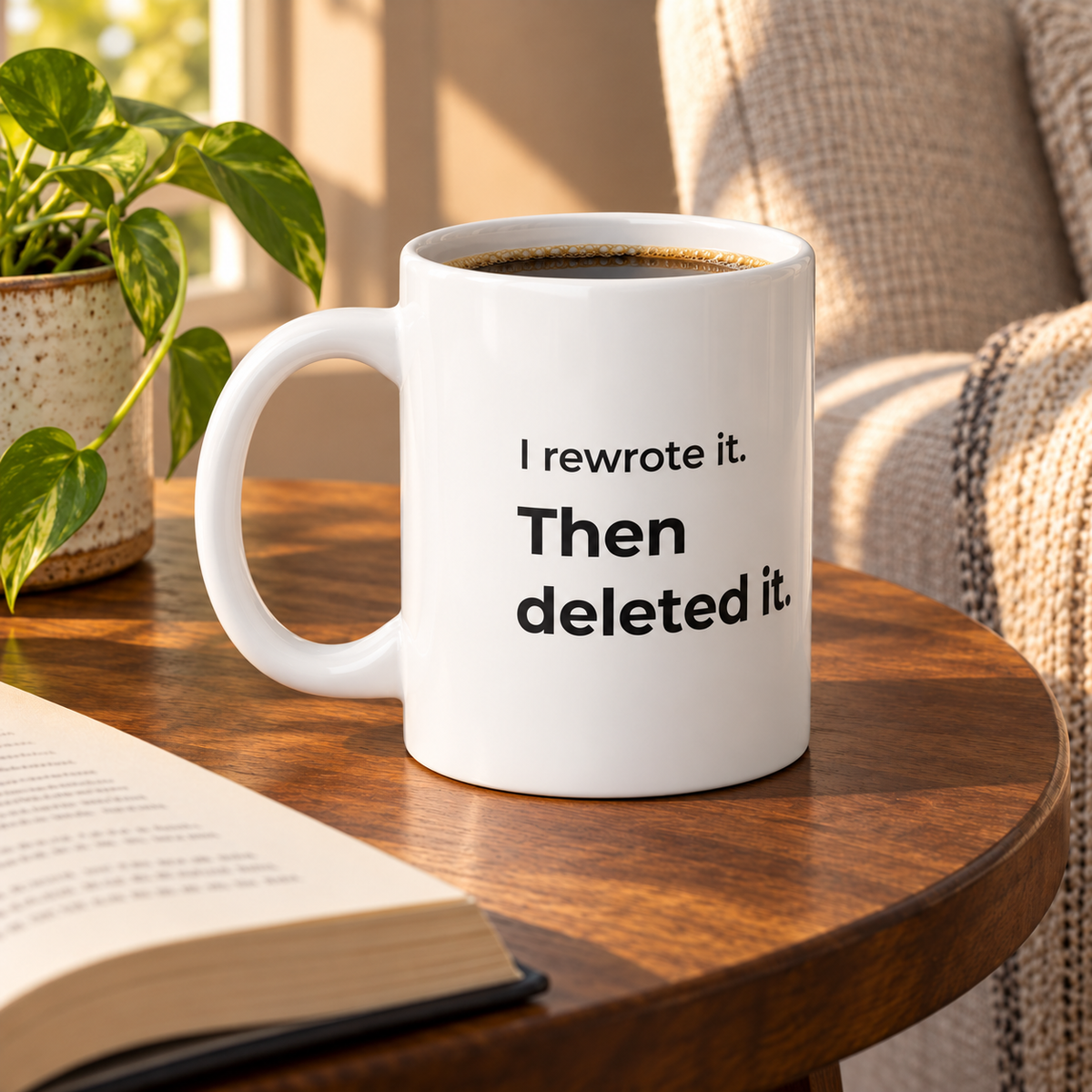 I Rewrote It. Then Deleted It. Jumbo Mug — square reading-table lifestyle photo of the20oz ORCA mug