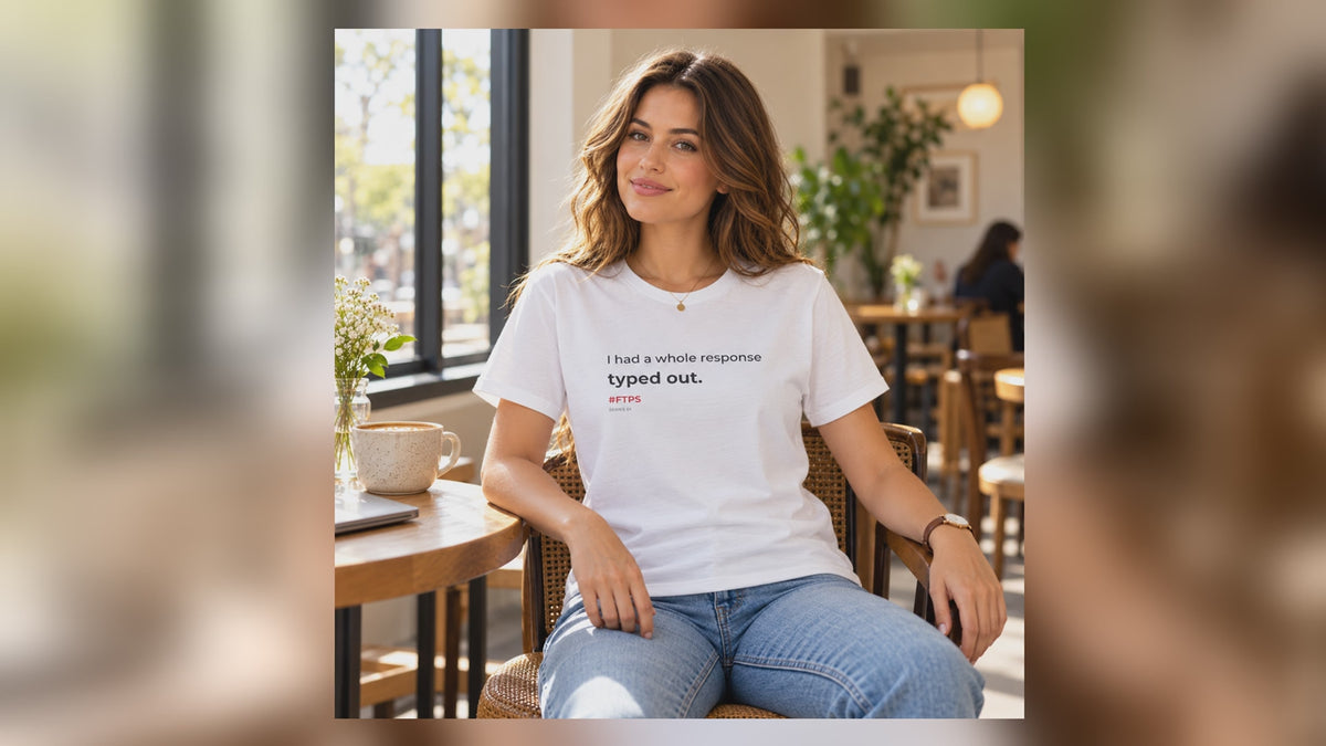 I Had a Whole Response Typed Out. T-Shirt — eight-second portrait video preserving the model’s full head and complete shirt